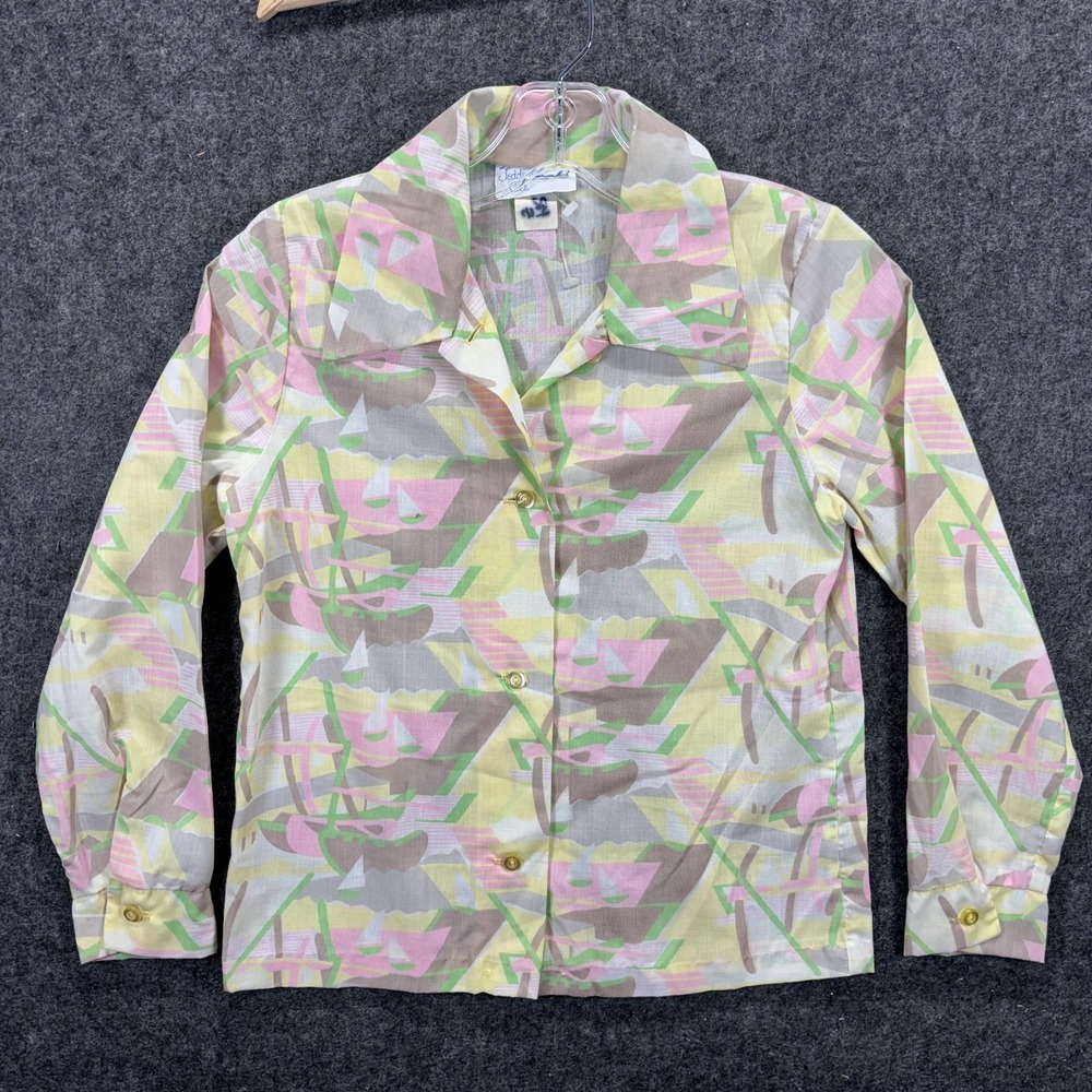 True Vintage 70s Pastel Blouse Shirt Women's XS Geometric Dager Disco Mod USA